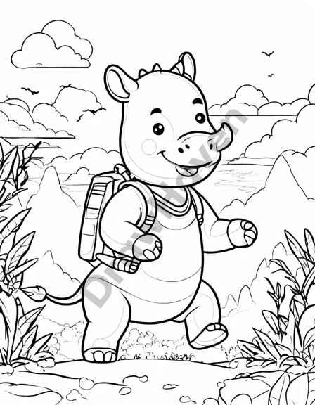 coloring book page featuring a charging rhinoceros in the savannah with jungle background in black and white