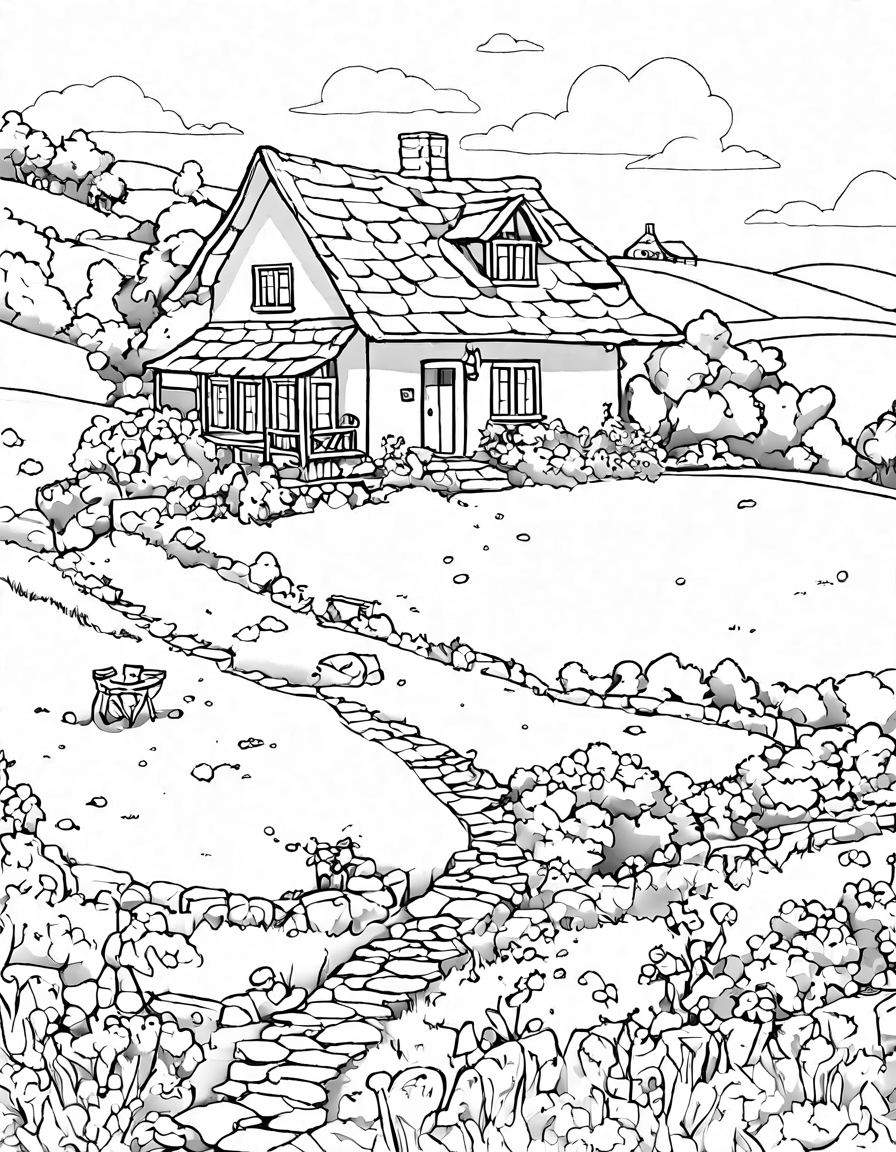 coloring book page featuring charming countryside home with sweeping panoramic views of rolling hills, meadows, and river in black and white