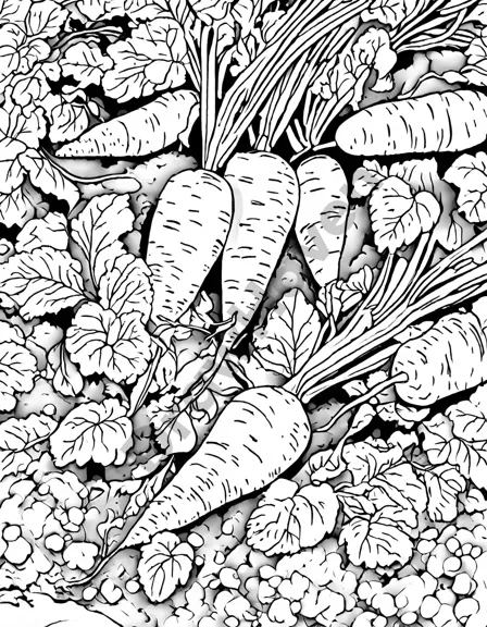 coloring page featuring detailed root vegetables like carrots and beets underground in black and white
