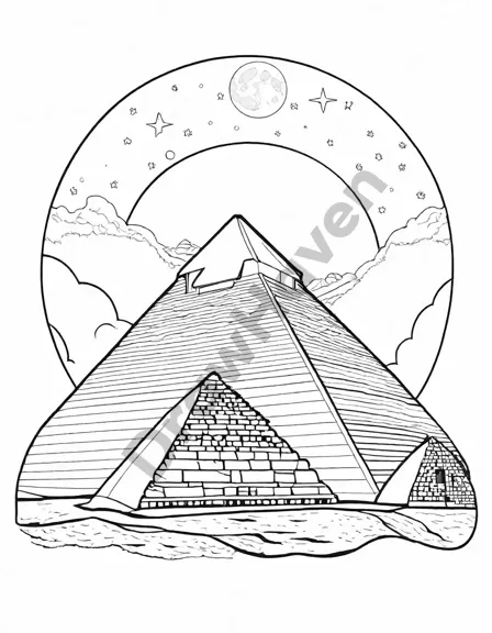 starry pyramids of giza at night coloring page in black and white