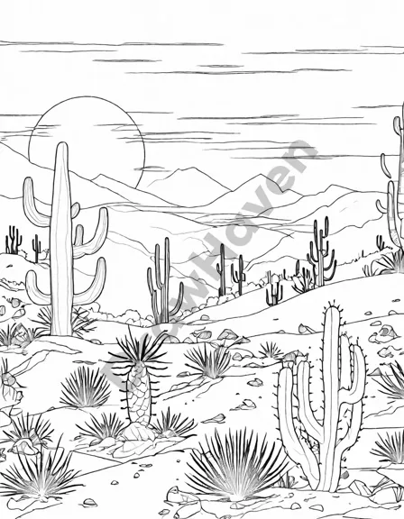 captivating coloring page of a lone cactus at sunrise amidst the desert, symbolizing resilience and creativity in black and white
