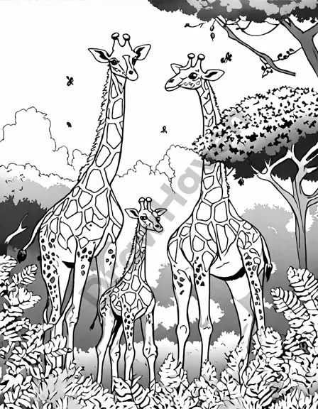 family of giraffes among treetops in a coloring book scene of the african savanna in black and white