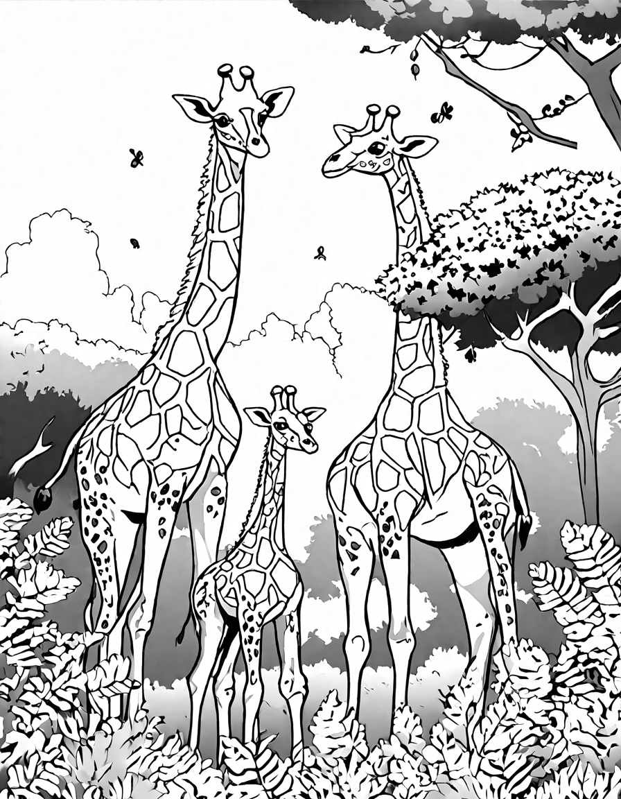 family of giraffes among treetops in a coloring book scene of the african savanna in black and white
