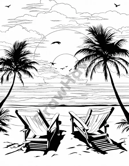 Coloring book image of serene beach sunset with colorful sky, mirrored sea, and a thatched-roof hut on a palm-lined shore in black and white