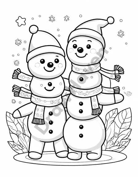 family building snowmen under a christmas tree on a snowy evening, coloring page image in black and white