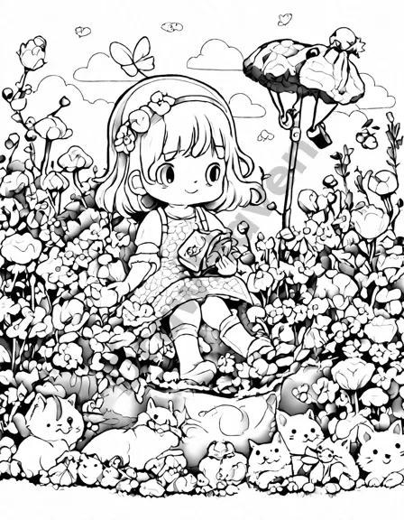 mary mary quite contrary's garden coloring page with flowers and characters in black and white