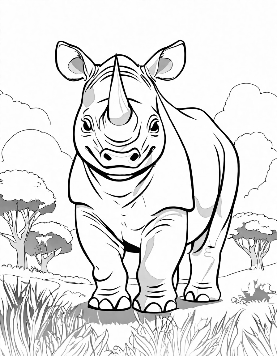 coloring book page featuring a detailed rhinoceros in a savannah habitat with acacia trees in black and white