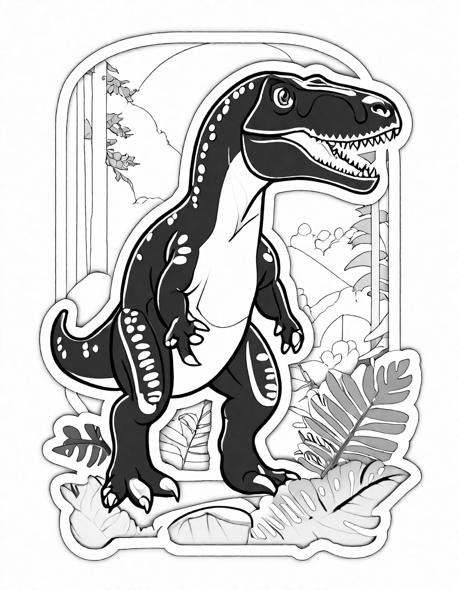 allosaurus coloring book page venturing through a dense jurassic forest in black and white