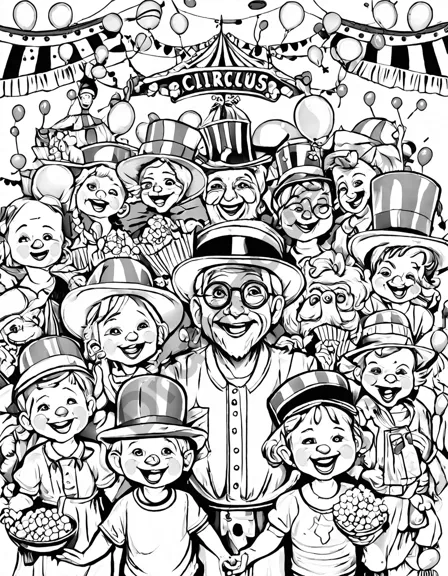 coloring page of a joyful circus audience with kids and elderly watching the show in black and white