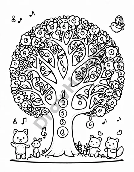 enchanting magical number forest coloring page with whimsical dancing numbers, vibrant flowers, and majestic animals in black and white