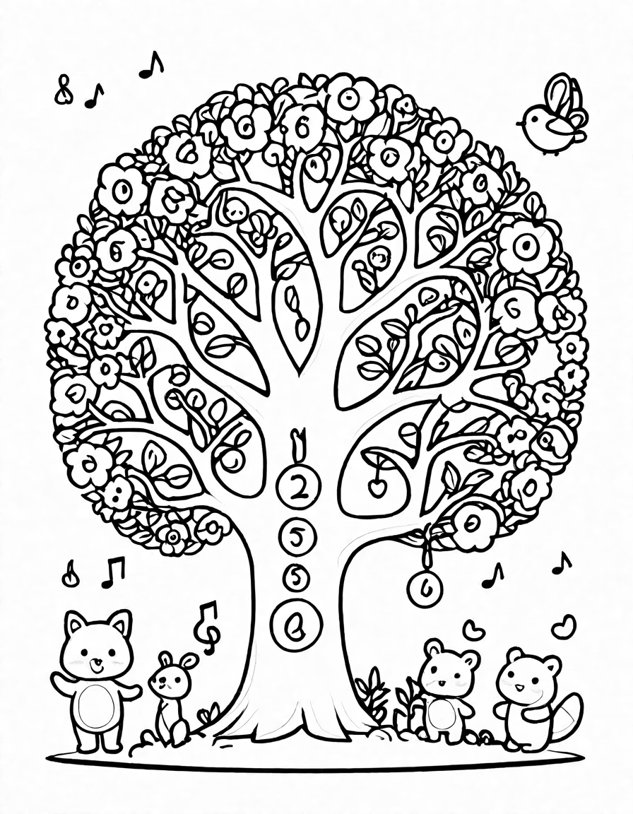 enchanting magical number forest coloring page with whimsical dancing numbers, vibrant flowers, and majestic animals in black and white