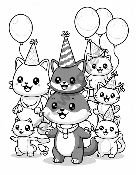 coloring page featuring monsters and their paranormal pets at a whimsical birthday party in black and white