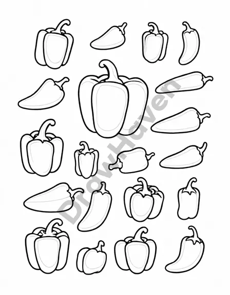 coloring book page featuring a variety of peppers in multiple colors and shapes, inviting creativity in black and white