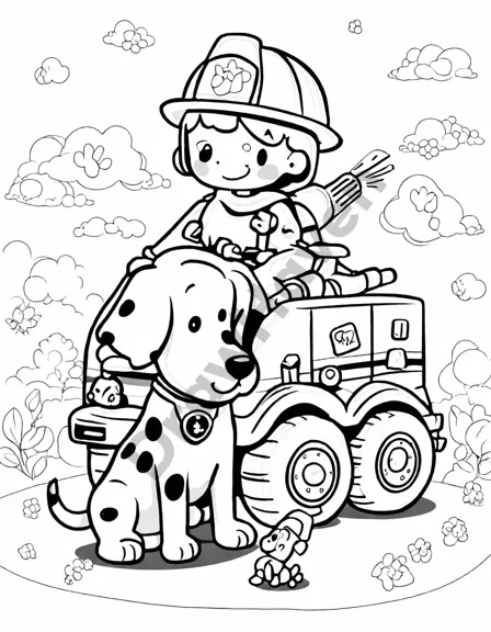 firefighters demonstrating safety techniques to families at a community fair coloring page in black and white