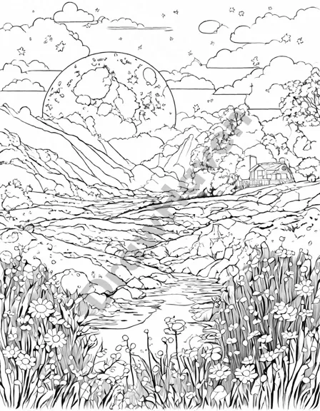 Coloring book image of moonlit meadow with wildflowers and a stream under starry sky in black and white