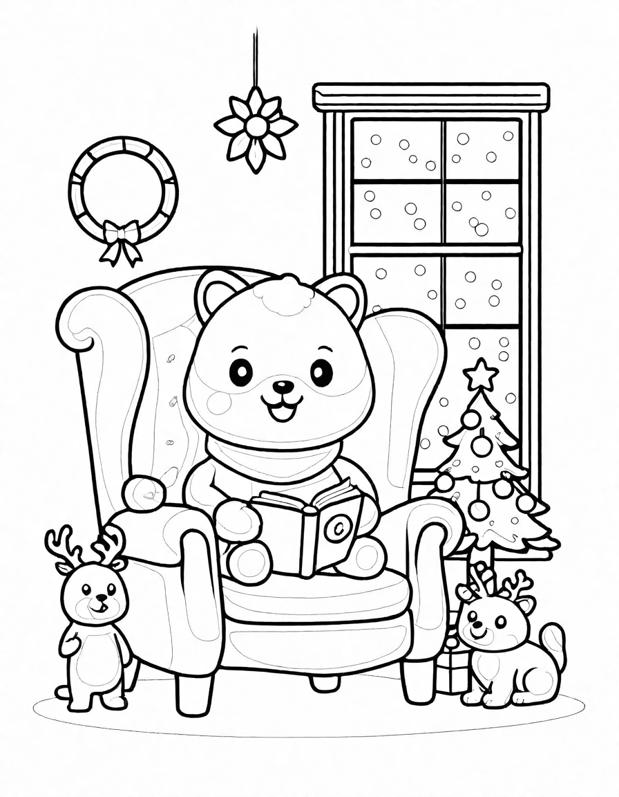 coloring book page of a cozy christmas eve scene with a fireplace, stockings, and snow outside in black and white