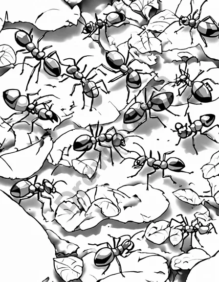 detailed coloring page depicting the bustling life inside an ant colony with various roles in black and white