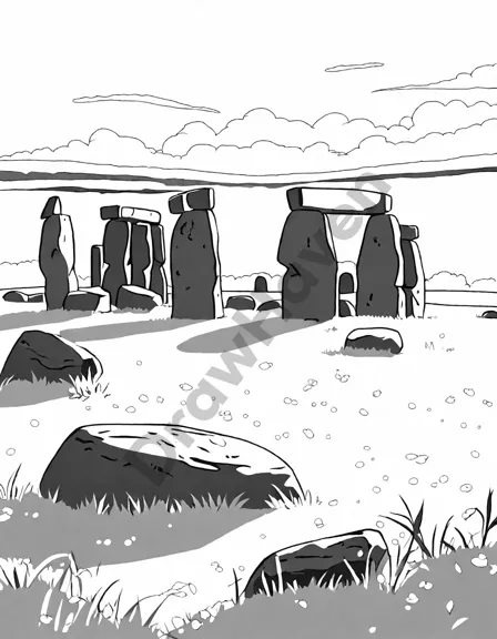 coloring book page featuring stonehenge at dawn with mist and long shadows on a grassy plain in black and white