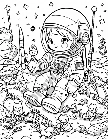 coloring page of astronauts repairing a satellite with earth in the background in black and white