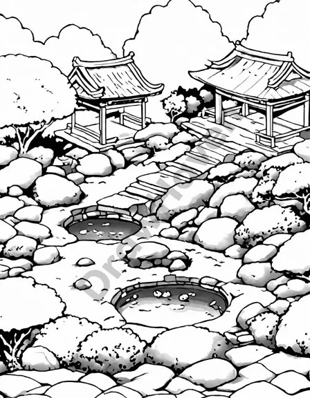 Coloring book image of japanese zen garden with raked sand, stones, bonsai trees, koi pond, and traditional architecture, inviting calm and mindfulness in black and white