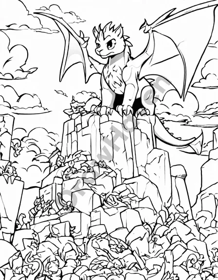 coloring page of a knight confronting a dragon by a castle under a stormy sky in black and white