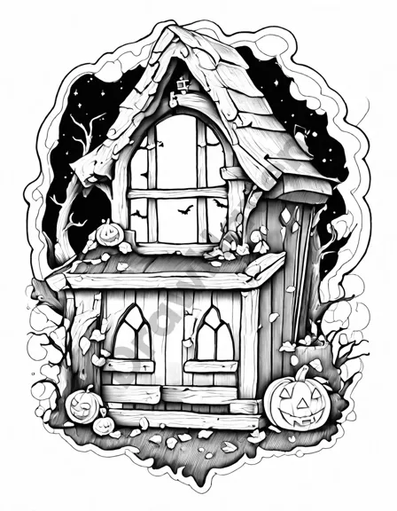 coloring page featuring a group of ghosts in an attic with ancient trunks and moonlight in black and white