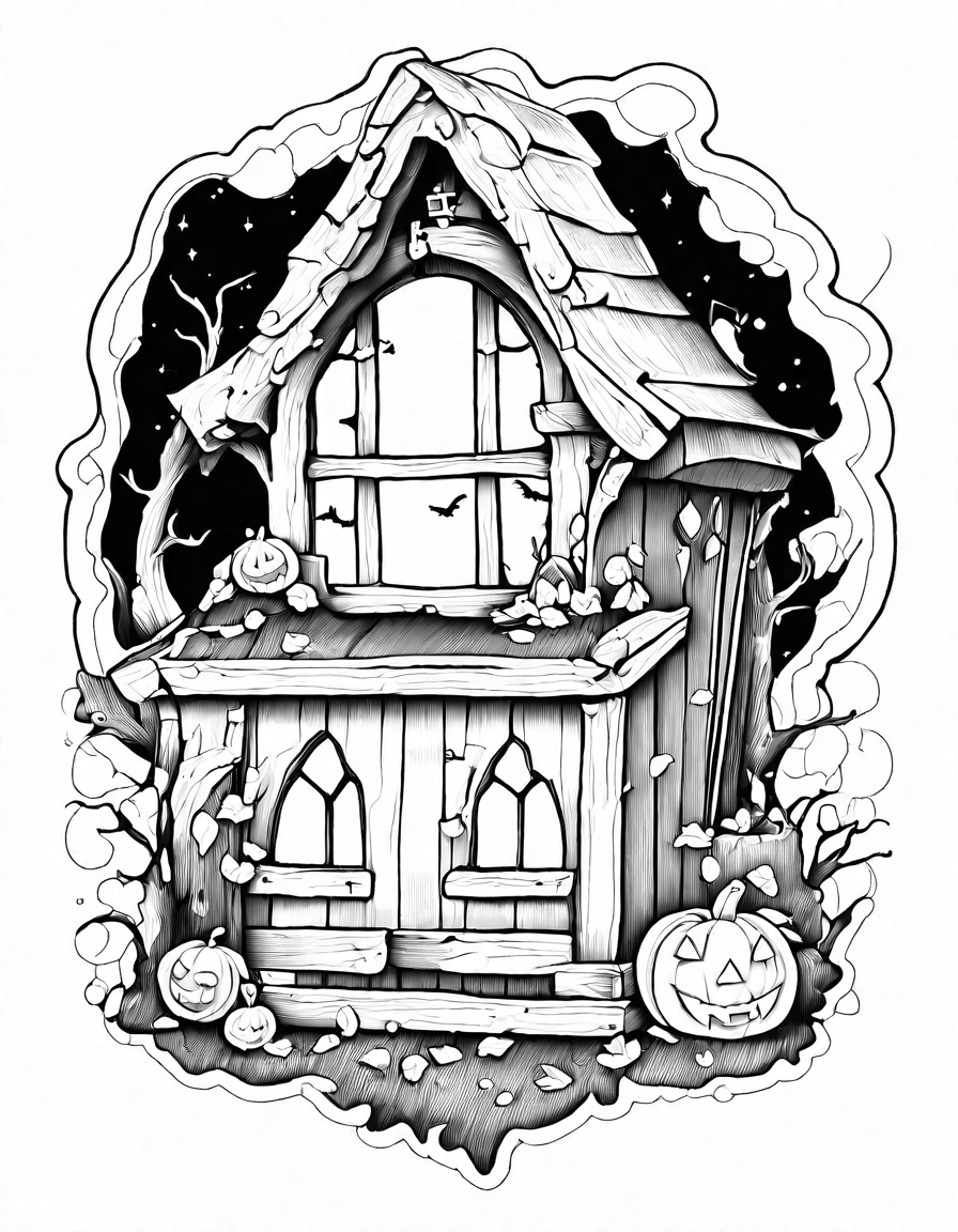 coloring page featuring a group of ghosts in an attic with ancient trunks and moonlight in black and white