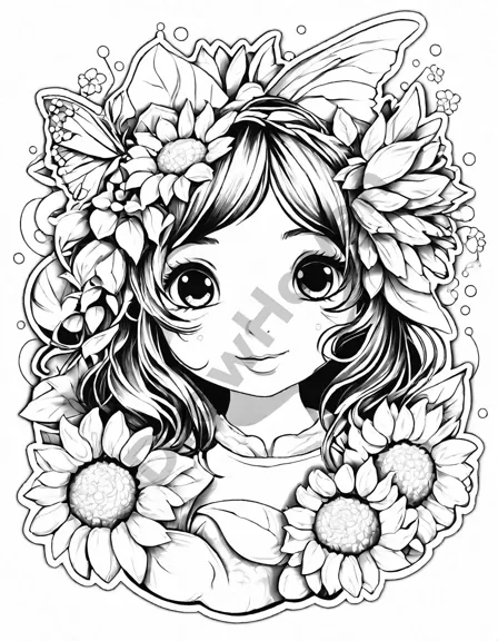 Coloring book image of elves laughing in a sunflower and peony garden with shimmering wings and floral outfits in black and white