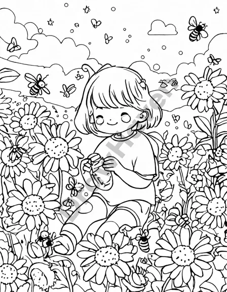 enchanting coloring book scene featuring honey bees dancing among vibrant sunflowers, daisies, lilies, and butterflies amidst a bustling hive in a whimsical honey bee haven in black and white