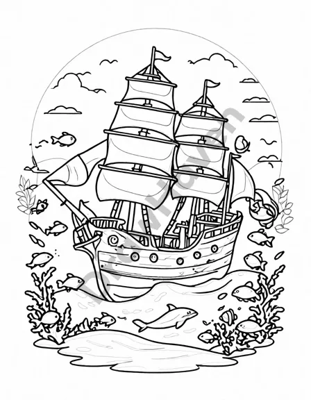 coloring page of a shipwreck with dolphins, sea turtles, and fish on ocean floor in black and white
