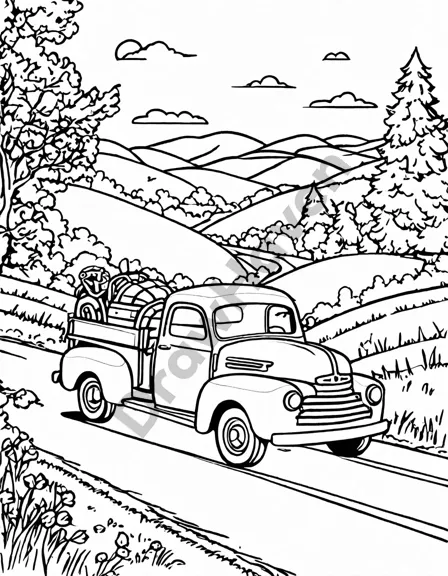 vintage trucks racing down a country road coloring page with scenic backdrop in black and white