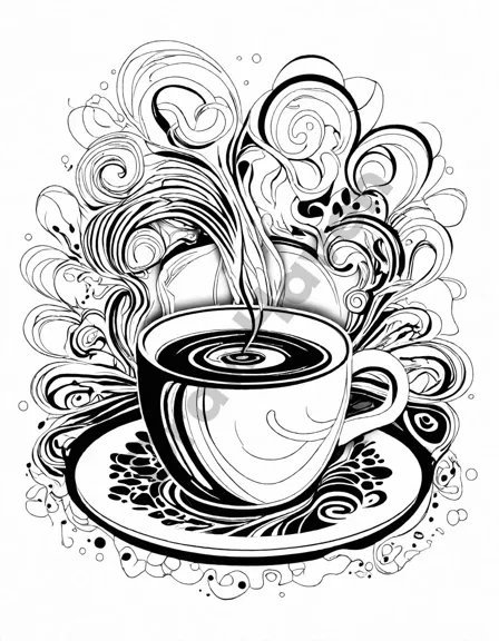 coloring book page featuring a steaming espresso with intricate saucer patterns, inviting coffee enthusiasts to immerse themselves in a vibrant coffee culture in black and white