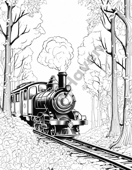 coloring book page of a train in autumn forest with vibrant foliage and woodland creatures in black and white