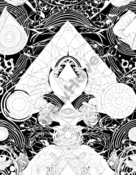 abstract coloring book page titled the geometry of infinity with interconnected shapes like circles, squares, triangles, and spirals in black and white