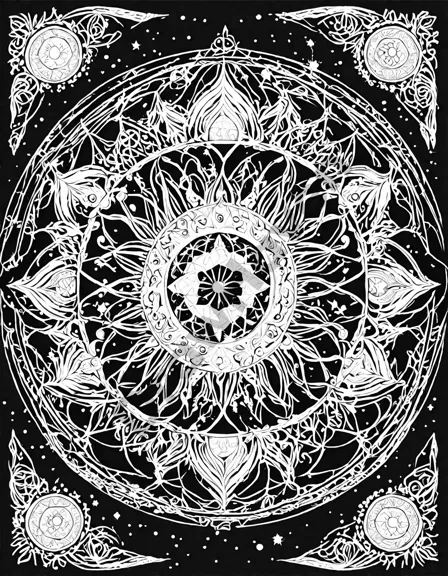 celestial dance mandala coloring page featuring intricate patterns with planets and stars in black and white