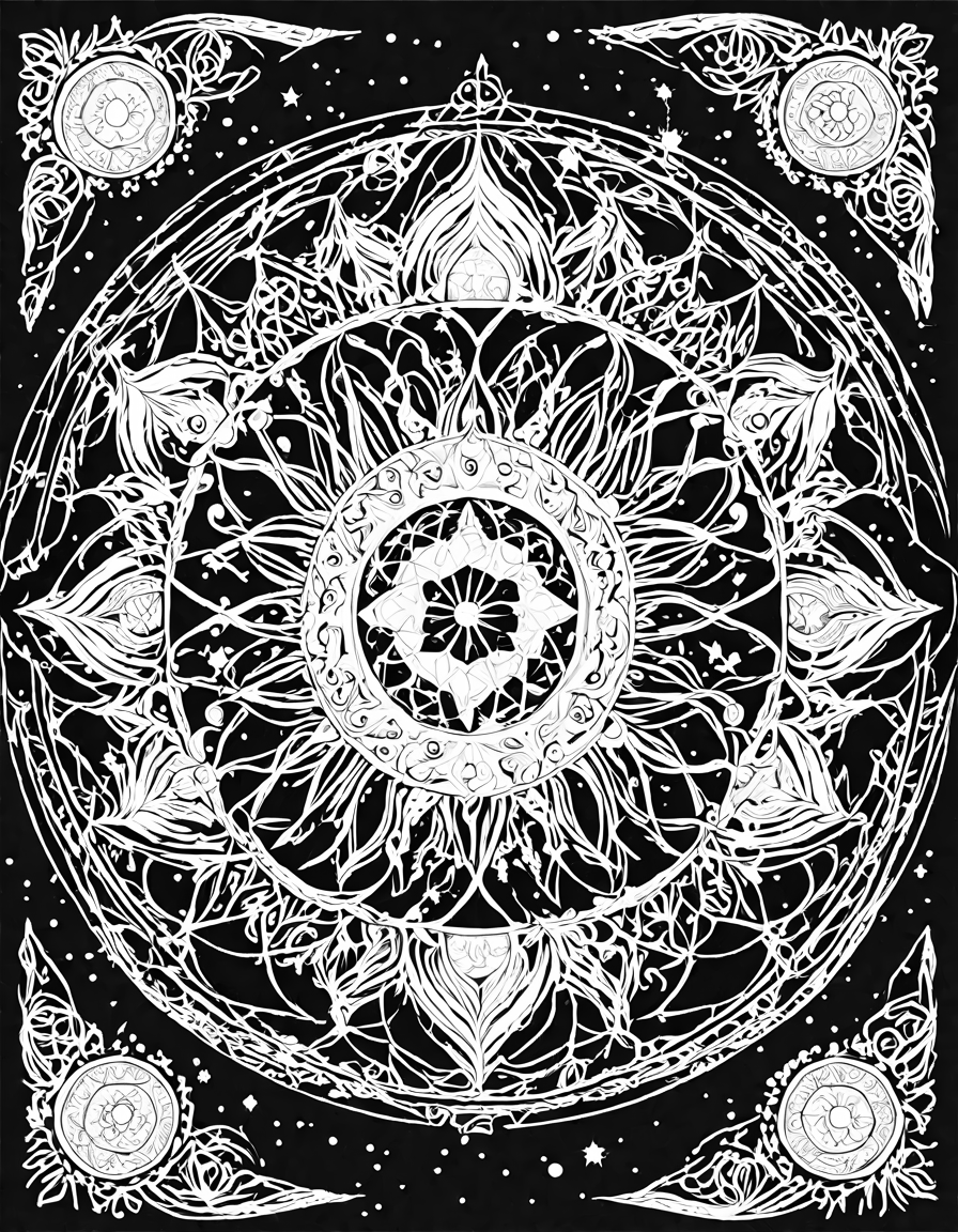 celestial dance mandala coloring page featuring intricate patterns with planets and stars in black and white
