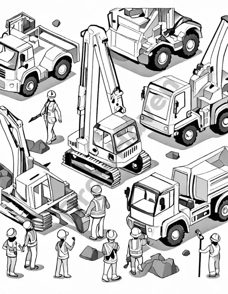 coloring book illustration of construction site with crane, workers, and machinery building the future in black and white