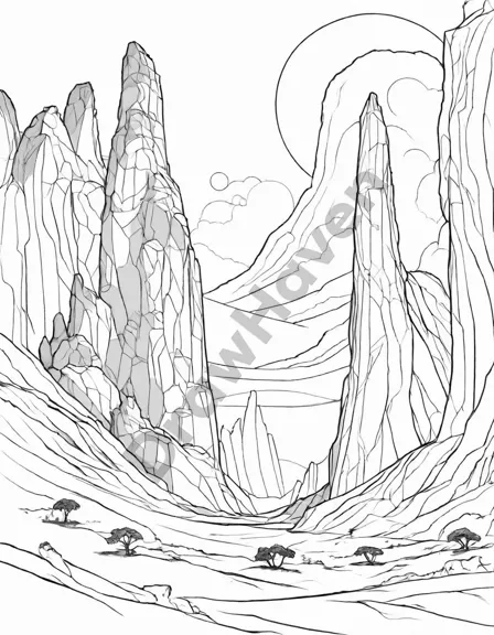 Coloring book image of sandstone giants stand majestically from the desert floor, casting long shadows across the arid landscape in black and white