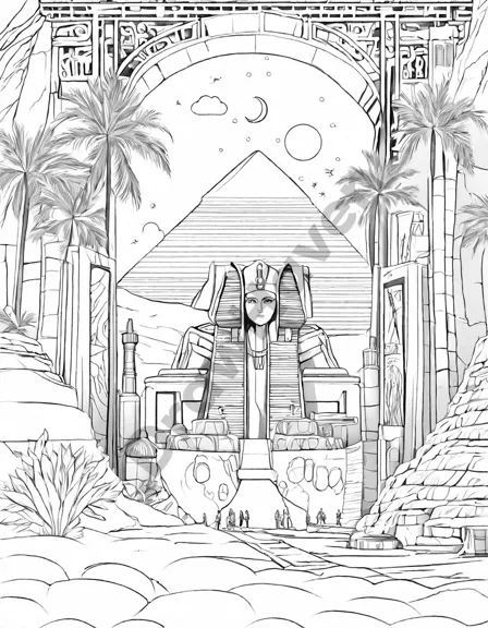 coloring page featuring the valley of the kings with tombs and hieroglyphics in egypt in black and white