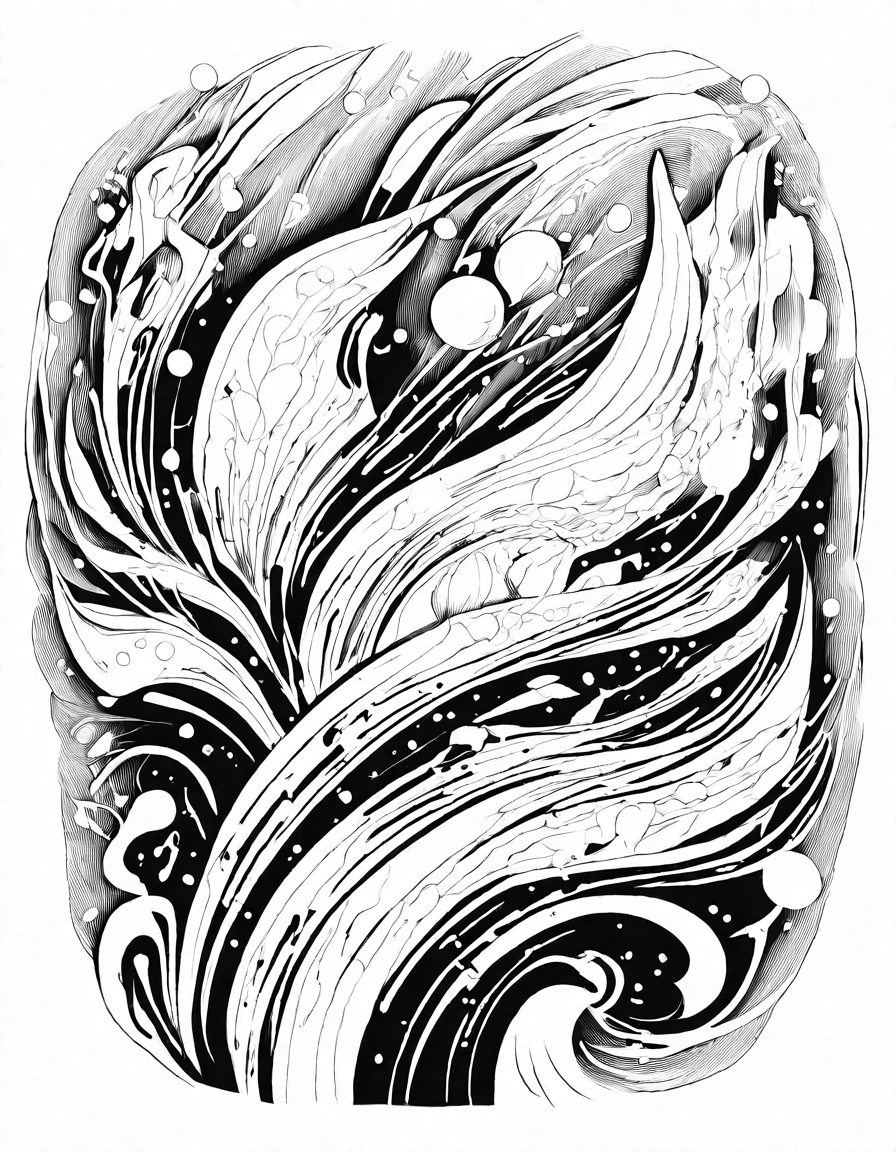 vibrant abstract modern art meltdown coloring page with expressive shapes and a kaleidoscope of colors in black and white