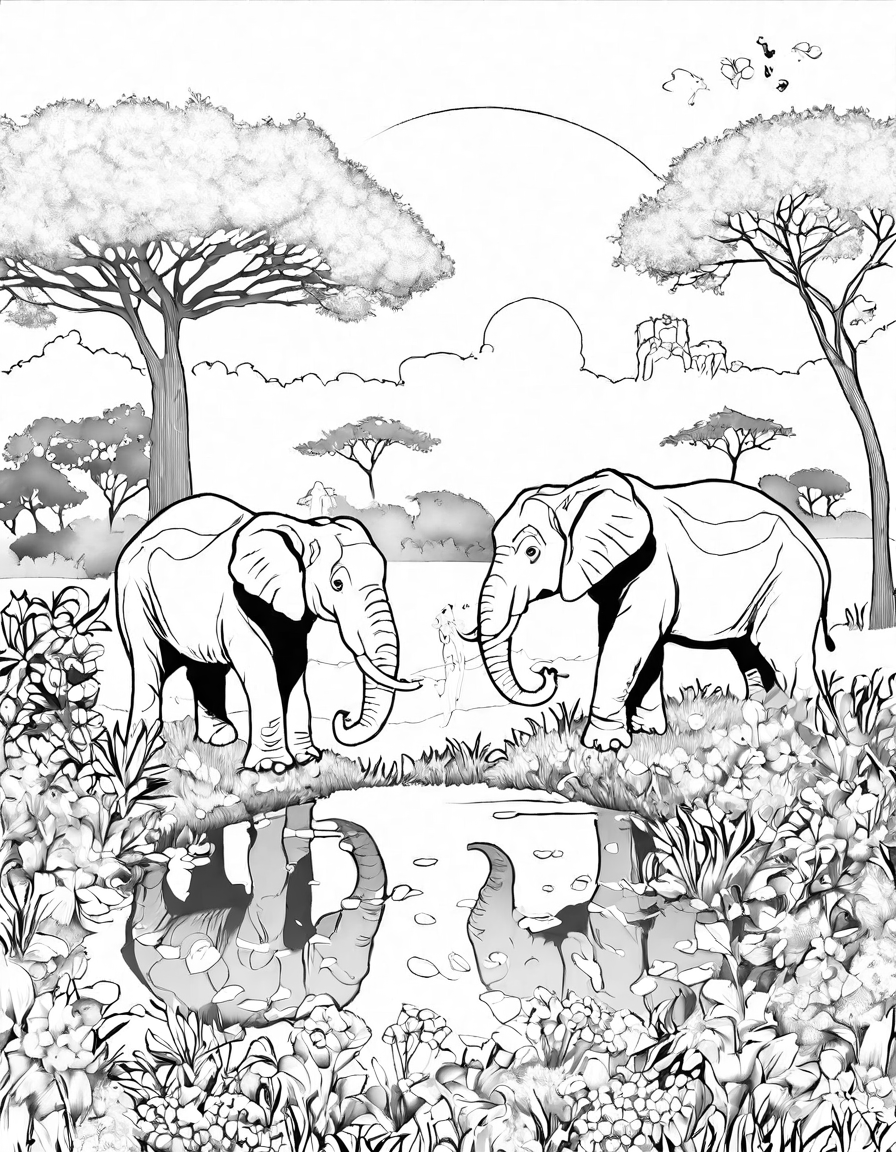 coloring page of elephants at a watering hole in the african savanna at sunset in black and white