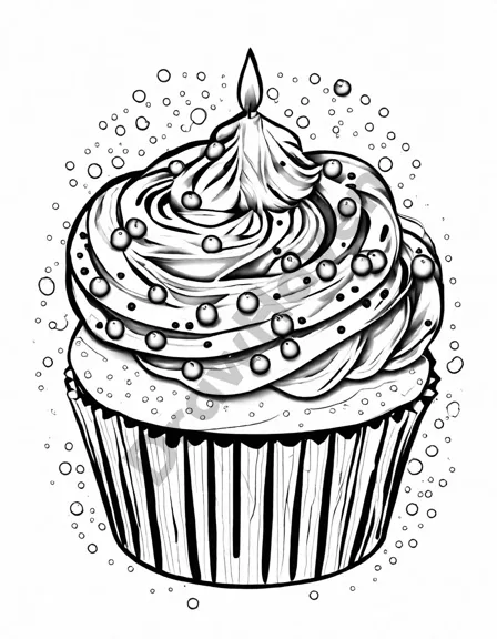 whimsical coloring book page of playful cupcakes with sweet frosting and illuminating candles in black and white