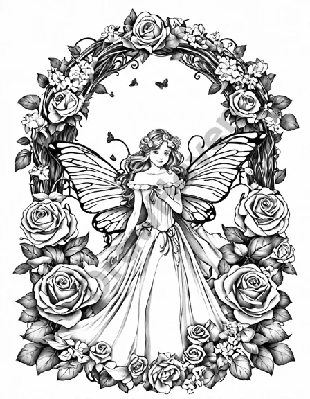 Coloring book image of whimsical fairy tea party under blooming roses, with fairies in ethereal gowns and the sweet scent of roses in black and white