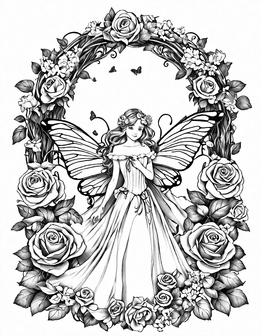 Coloring book image of whimsical fairy tea party under blooming roses, with fairies in ethereal gowns and the sweet scent of roses in black and white