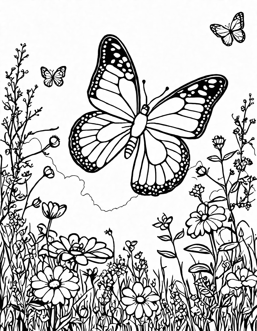 Coloring book image of butterflies fluttering among colorful flowers in a lush meadow, showcasing nature's harmony in black and white