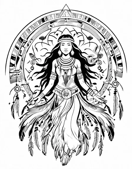 intricate coloring page featuring native american spirits intertwining in a harmonious circle, adorned with traditional symbols and vibrant colors in black and white