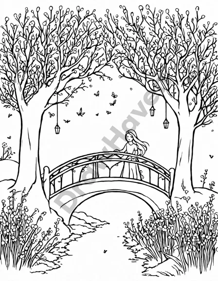 enchanting coloring page featuring a mystical buttercup bridge leading to the fairy queen, surrounded by blooming buttercups, twinkling stars, and an arching willow tree in black and white