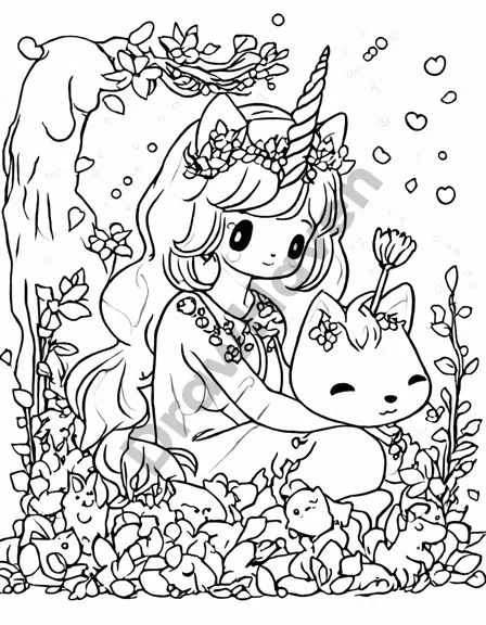 Coloring book image of guardians of the lost fairy crown in magical, mystical forest with unicorn, owl, and fox in black and white