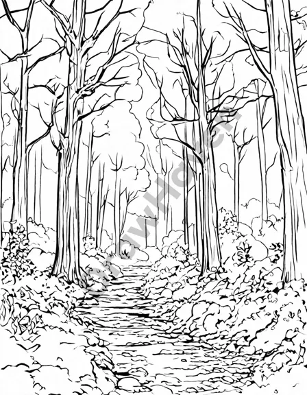 Coloring book image of enchanted forest trail surrounded by majestic trees, with vibrant birdsong filling the air in black and white