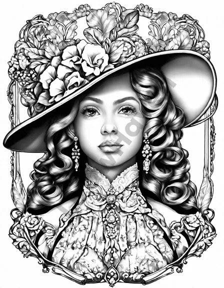 coloring book page featuring intricate portraits of victorian-era ladies and gentlemen adorned in elegant attire in black and white
